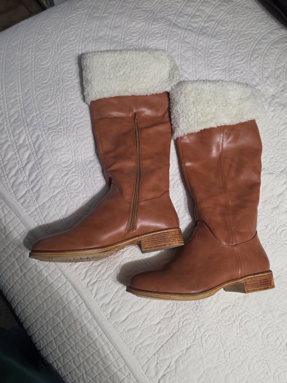 Olivia Miller Cognac Leather Shearling-Cuff Midcalf Boots